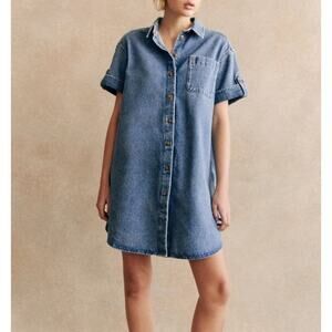 Sezane Ana Shirt Dress Light Blue Denim Mini 100% Organic Cotton 10 US NWT